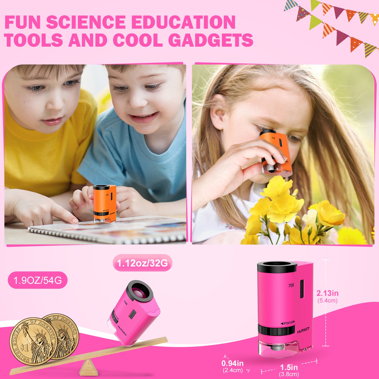 HUTACT Mini Microscope for Kids, 70x Pocket Microscope with 5pcs Prepared Slides, Portable Handheld Microscope for 3-8 Year Olds Gift for Children