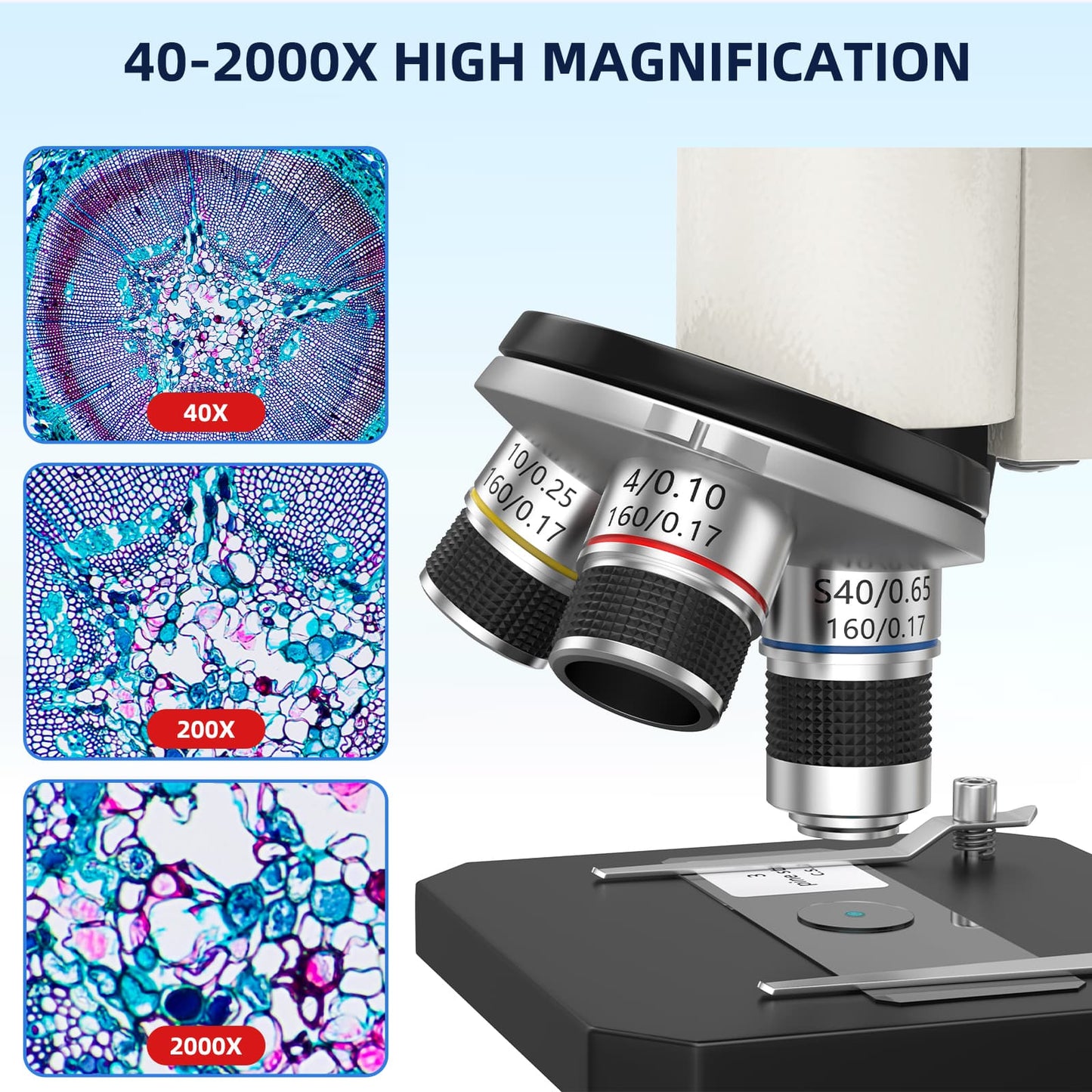 USCAMEL Microscope Set for Beginner, Kids Microscope 2000x Compound Microscope for Students Adults w/Prepared Slides