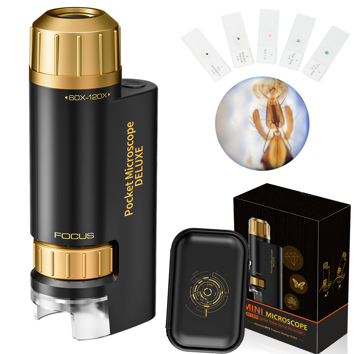 Mini Microscope for Kids, 60x-120x Pocket Microscope LED Light Handheld Small Lightweight Child Toy Kid Microscope with 5pcs Prepared Slides Storage Bag