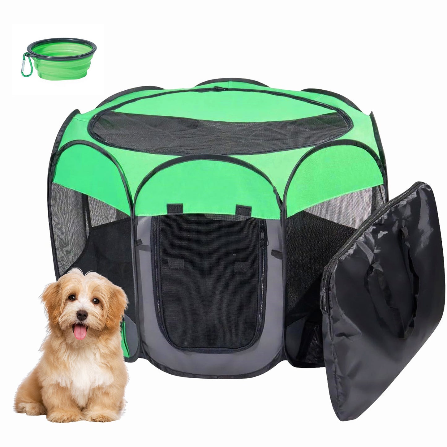 USCAMEL Dog Foldable Playpen Indoor Outdoors, No Assembly Required Pop-up Tent Pet Tent with Bowl & Side Pockets, Detachable Top & Waterproof Bottom (Medium Size)