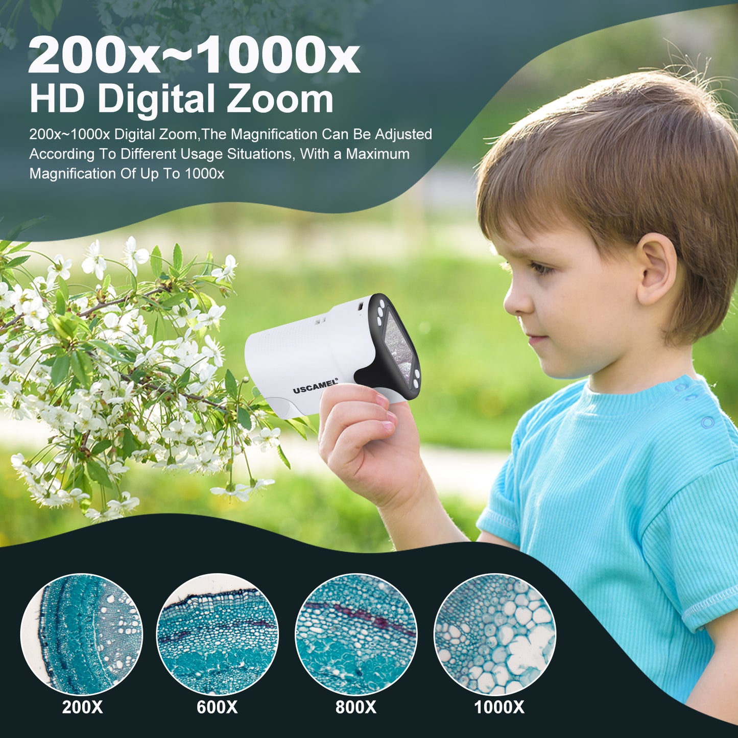 USCAMEL Pocket Microscope for Kids Mini Handheld Microscope Portable Microscope 200x-1000x LED Light Science Kit with 6 Specimen Slides