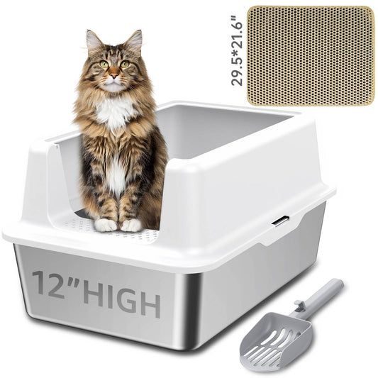 HUTACT Large Cat Litter Box with Litter Mat, Stainless Steel XL Litter Box for Large Cats, High-Sided Metal Litter Pan Tray with Scoop Non-Stick, Leak-Proof, Easy to Clean 23.6"