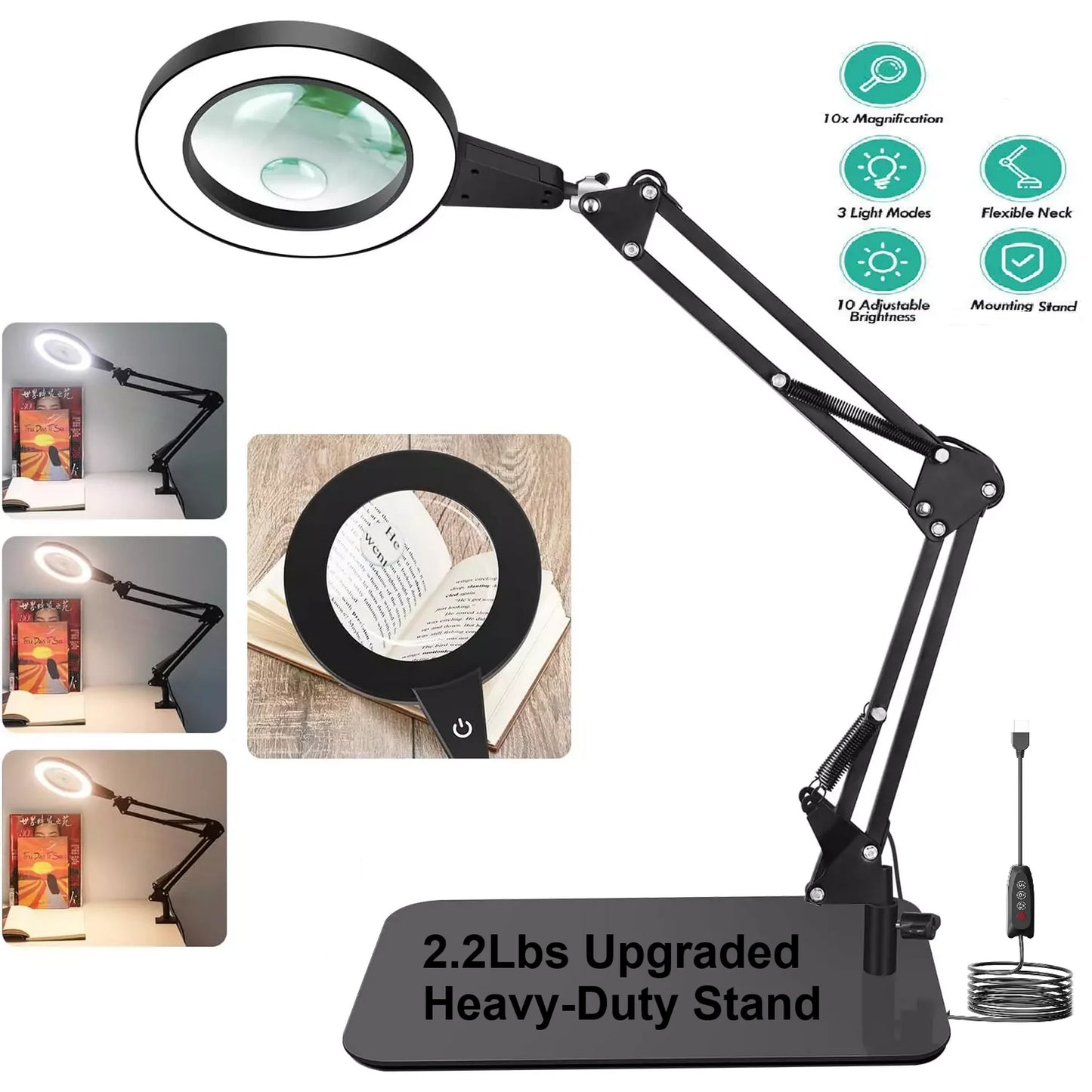 10X Magnifying Glass with Light and Stand, 3 Color Modes, 4.2″ Real Glass Lens LED Magnifying Lamp, Desk Magnifier Light for Crafts Welding Close Work