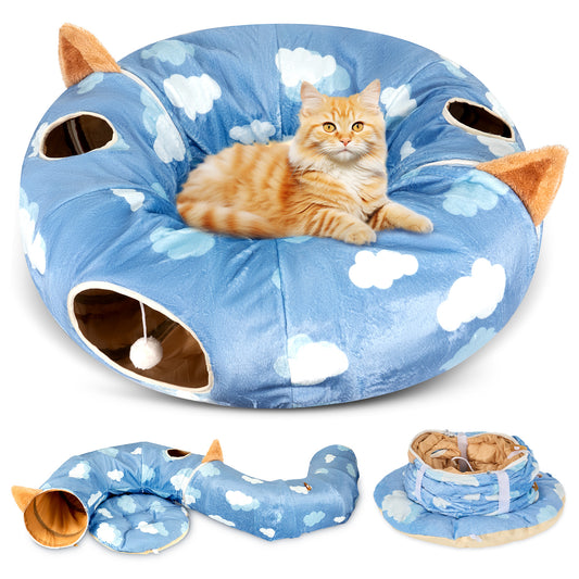 Cat Tunnel Bed with Central Cushion with Dangling Balls, Large Cat Tunnel Tube Toys to Play for Indoor Cats Kittens Puppies, Round Plush Fluffy Cat Bed with Tunnels