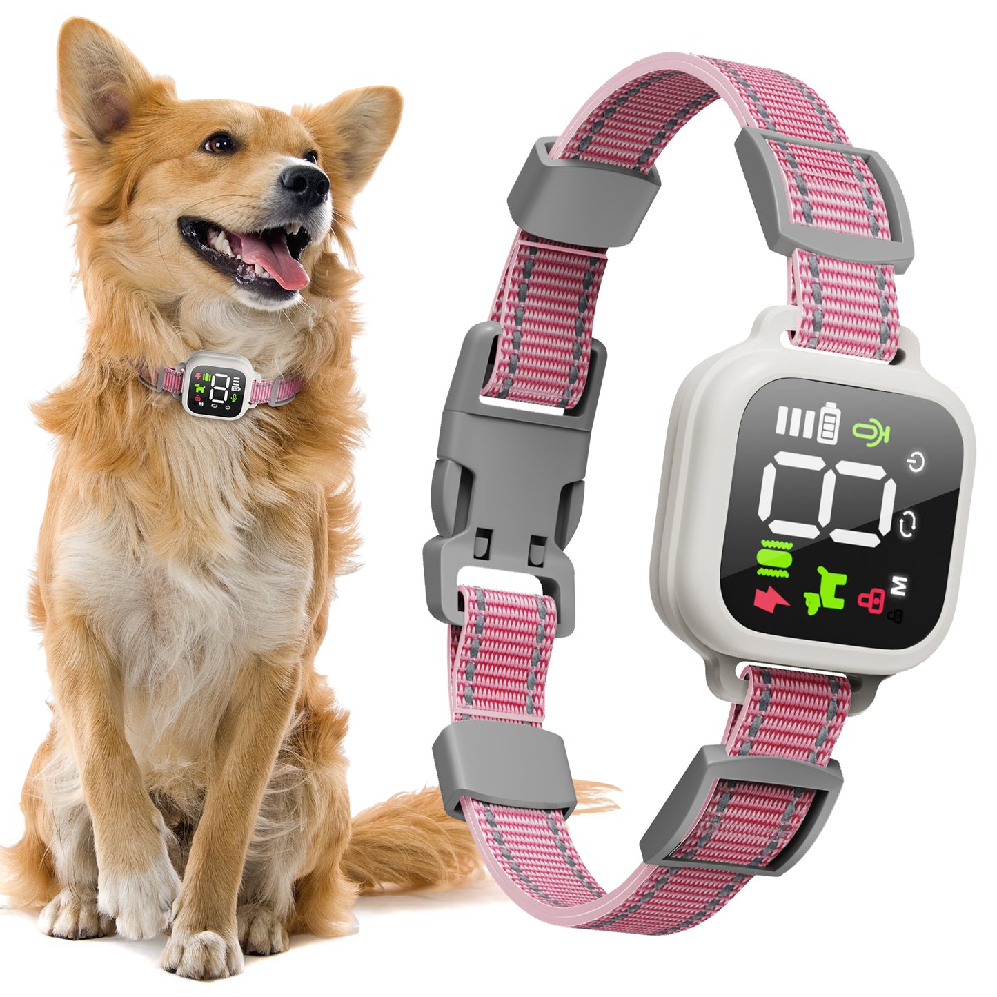 Dog Bark Collar for Large Medium Small Dog, Smart Bark Collar with LCD Screen, Automatic Anti Barking Training Shock Collar 4 Modes Beep, Vibration & Safe Shock (Pink)