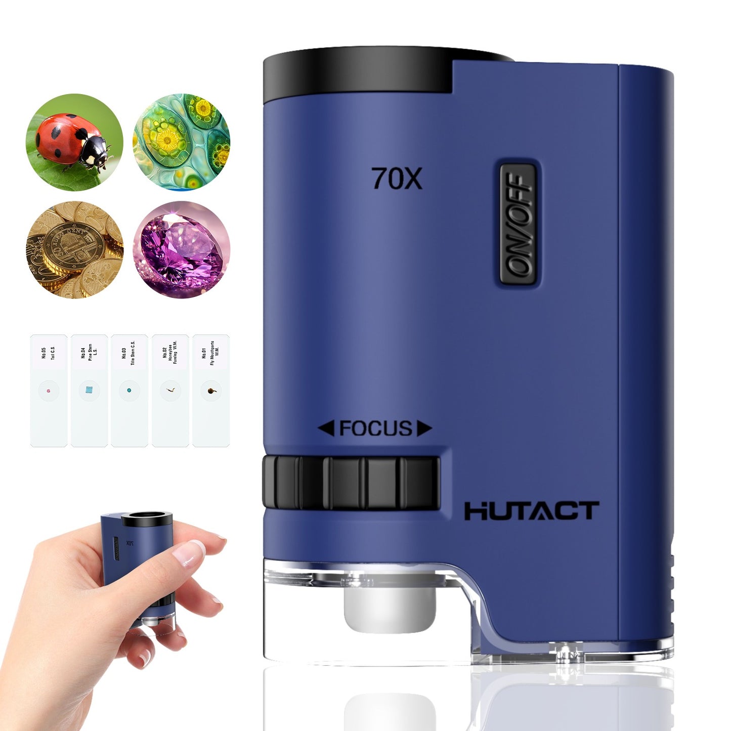 HUTACT Mini Microscope for Kids, 70x Pocket Microscope with 5pcs Prepared Slides, Portable Handheld Microscope for 3-8 Year Olds Gift for Children