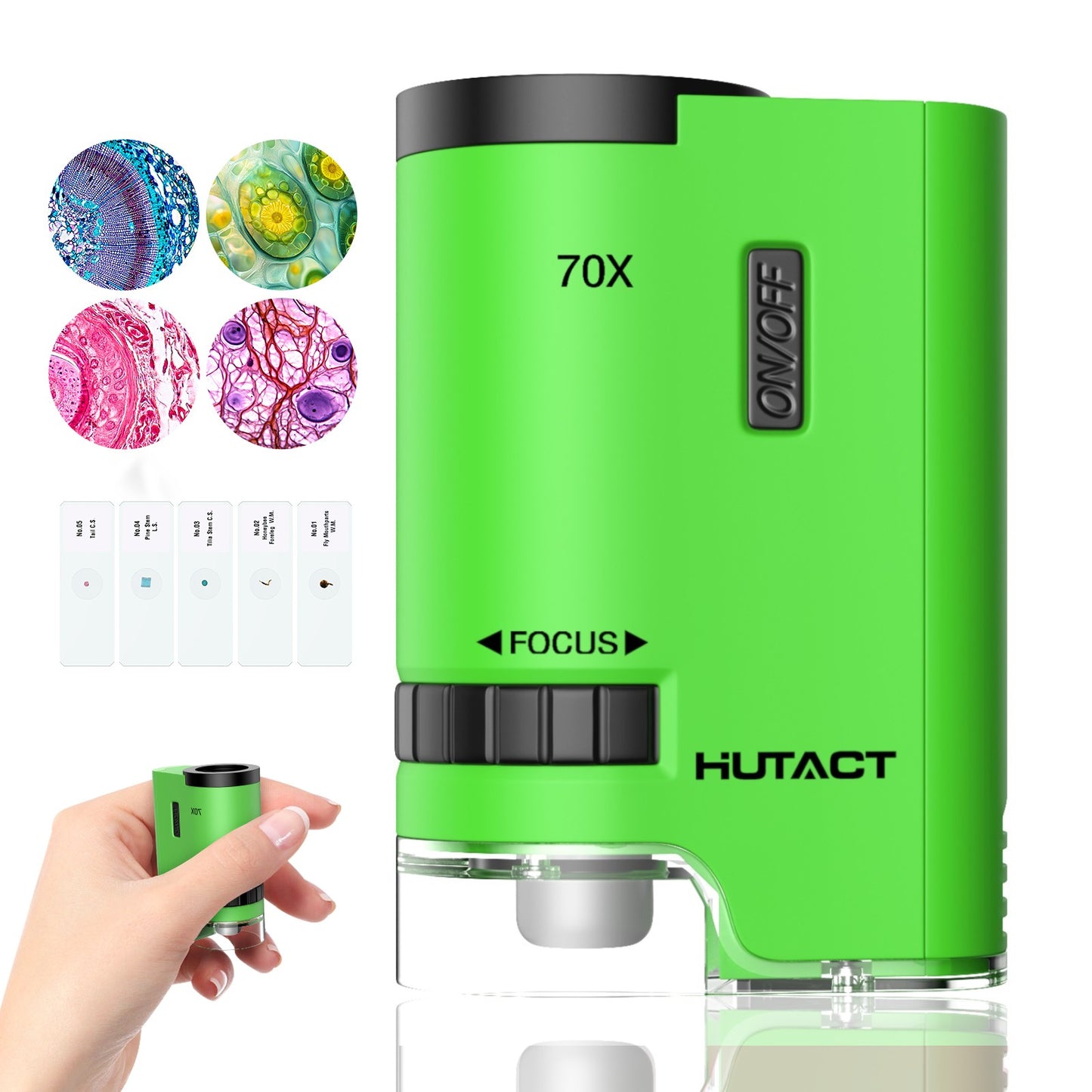 HUTACT Mini Microscope for Kids, 70x Pocket Microscope with 5pcs Prepared Slides, Portable Handheld Microscope for 3-8 Year Olds Gift for Children