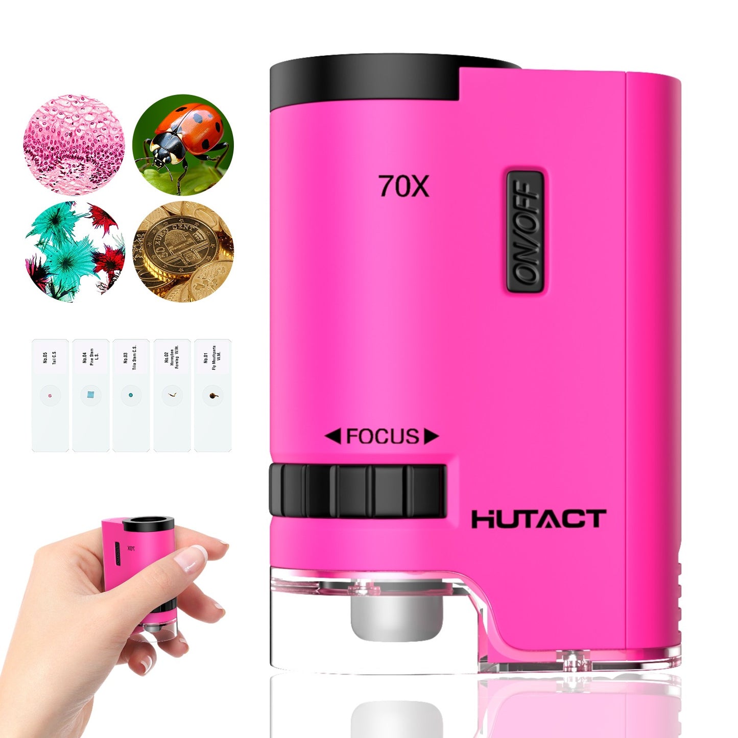 HUTACT Mini Microscope for Kids, 70x Pocket Microscope with 5pcs Prepared Slides, Portable Handheld Microscope for 3-8 Year Olds Gift for Children