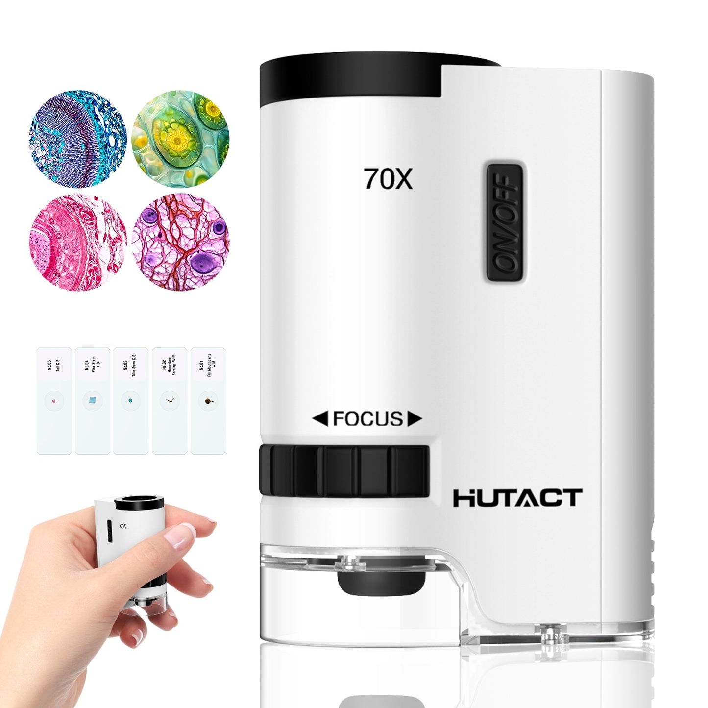 HUTACT Mini Microscope for Kids, 70x Pocket Microscope with 5pcs Prepared Slides, Portable Handheld Microscope for 3-8 Year Olds Gift for Children