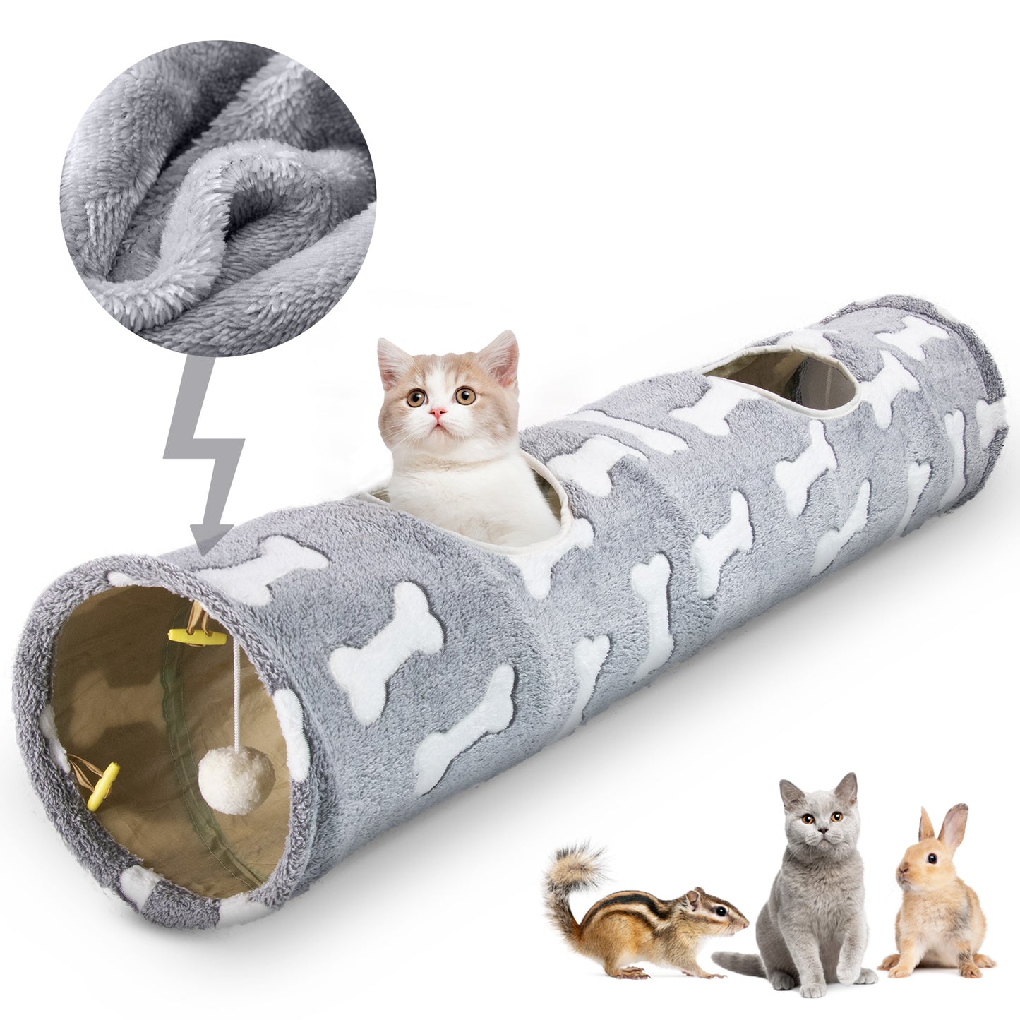 USCAMEL 46" Cat Tunnel with Plush, Collapsible Play Tunnel Tube with Dangling Balls for Kittens, Rabbits and Puppy Small Pets, Gray