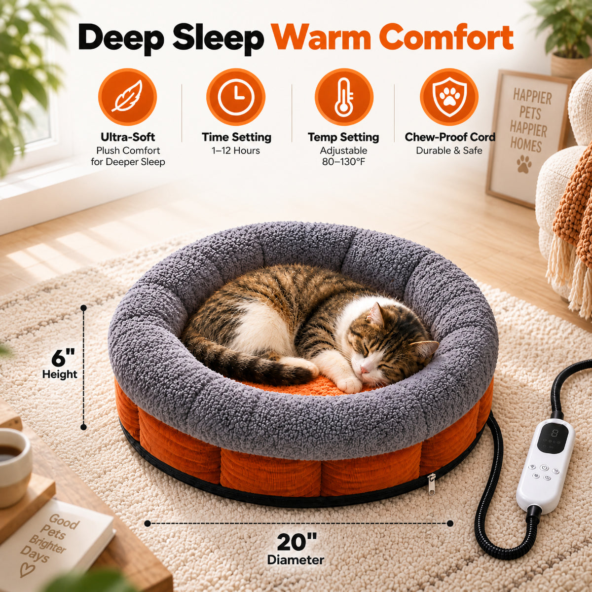 HUTACT Cat Heated Bed, 19.7" Winter Pet Bed with 9-Level Adjustable Temperature Electric Heating Pad for Indoor Cats and Small Dogs