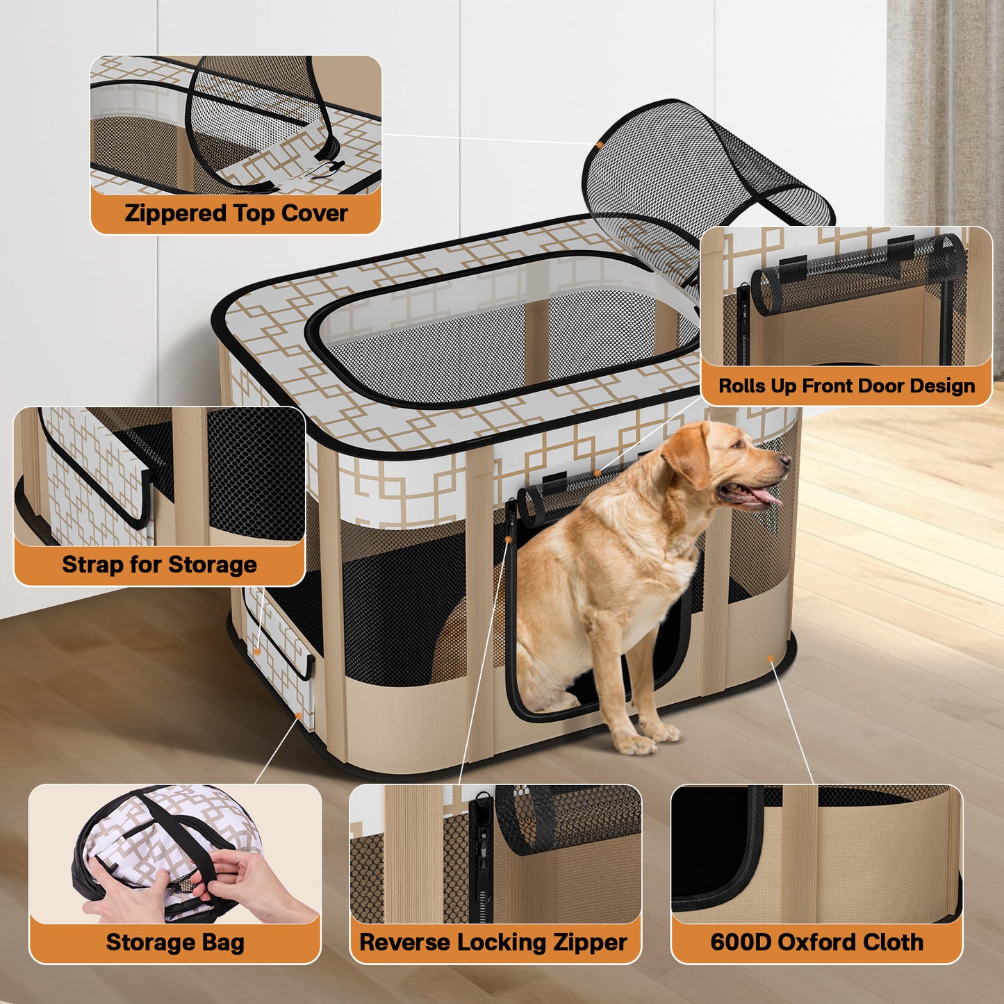 Pet Playpen, Foldable Portable Dog Cat Playpens Kennel, Removable Shade Cover, Indoor Outdoor Travel Camping Use(L)