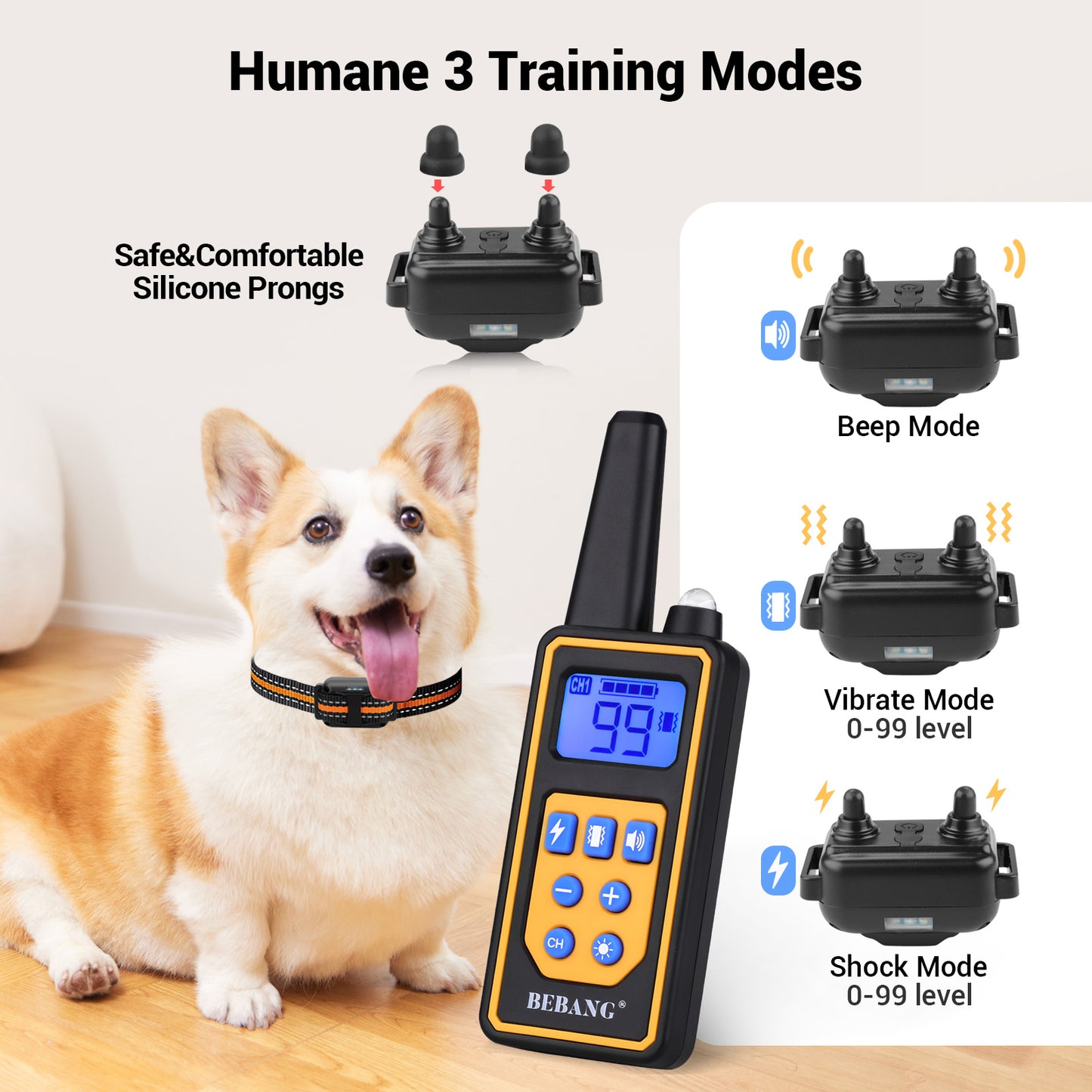 2600FT Dog Training Collar, Dog Shock Collar with Remote, 3 Modes Beep Vibration Shock, Waterproof, LED Light, Rechargeable Dog Shock Collar for Training Small Medium Large Dogs