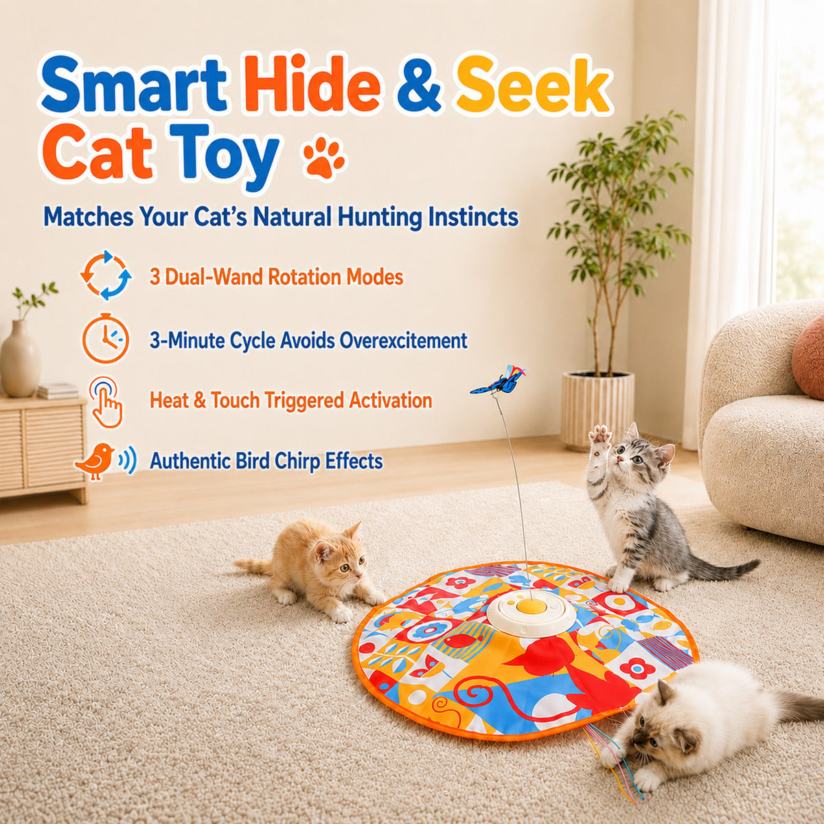 HUTACT Interactive Cat Hunting Toy, 3 Speeds Automatic Cat Toy, 1200mAh Rechargeable Hide and Seek Cat Toy 3 Modes Touch Activated Exercise Toy for Indoor Cats Electric Kitten Toys