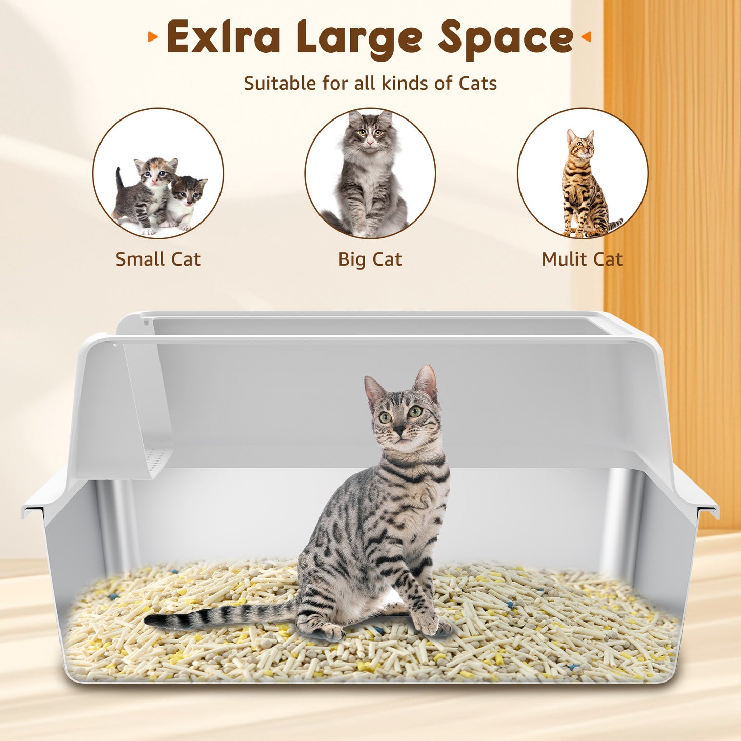 HUTACT Large Cat Litter Box with Litter Mat, Stainless Steel XL Litter Box for Large Cats, High-Sided Metal Litter Pan Tray with Scoop Non-Stick, Leak-Proof, Easy to Clean 23.6"