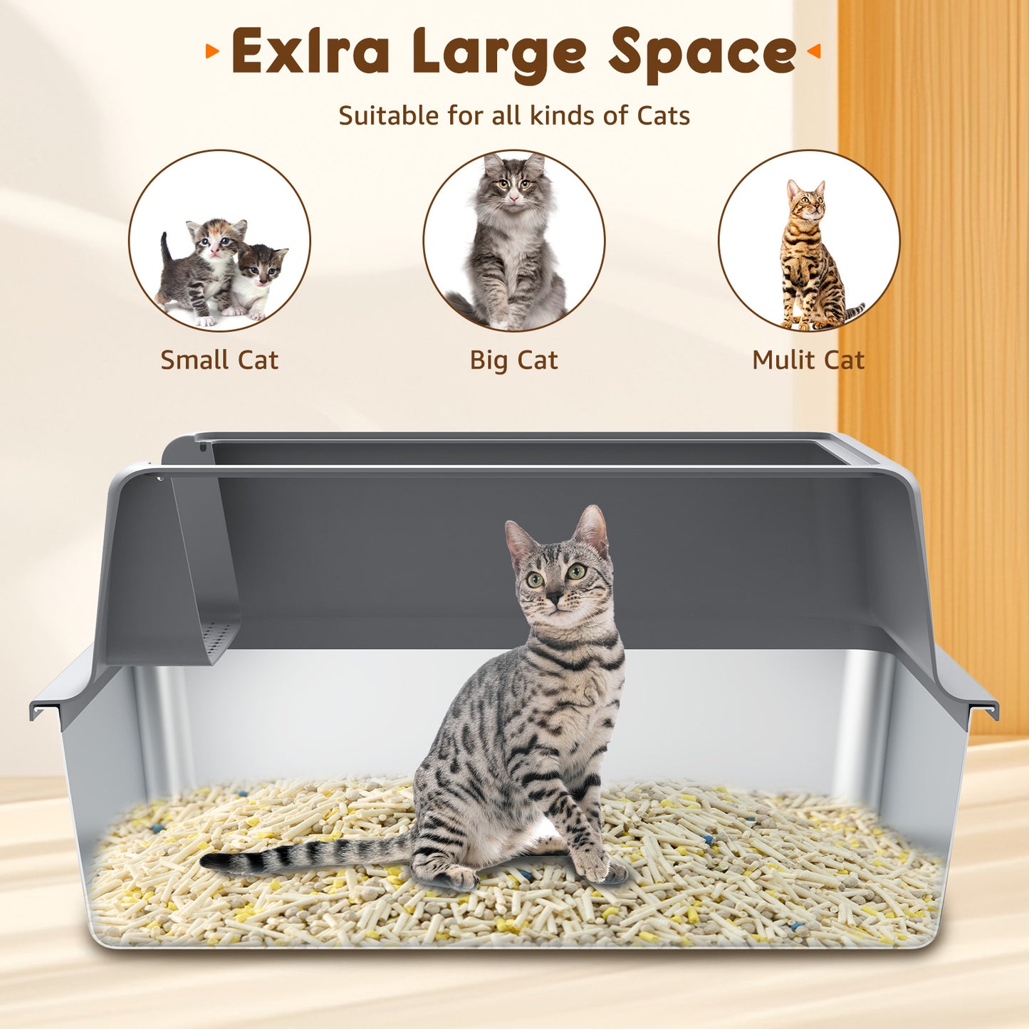 HUTACT Large Cat Litter Box with Litter Mat, Stainless Steel XL Litter Box for Large Cats, High-Sided Metal Litter Pan Tray with Scoop Non-Stick, Leak-Proof, Easy to Clean 23.6"