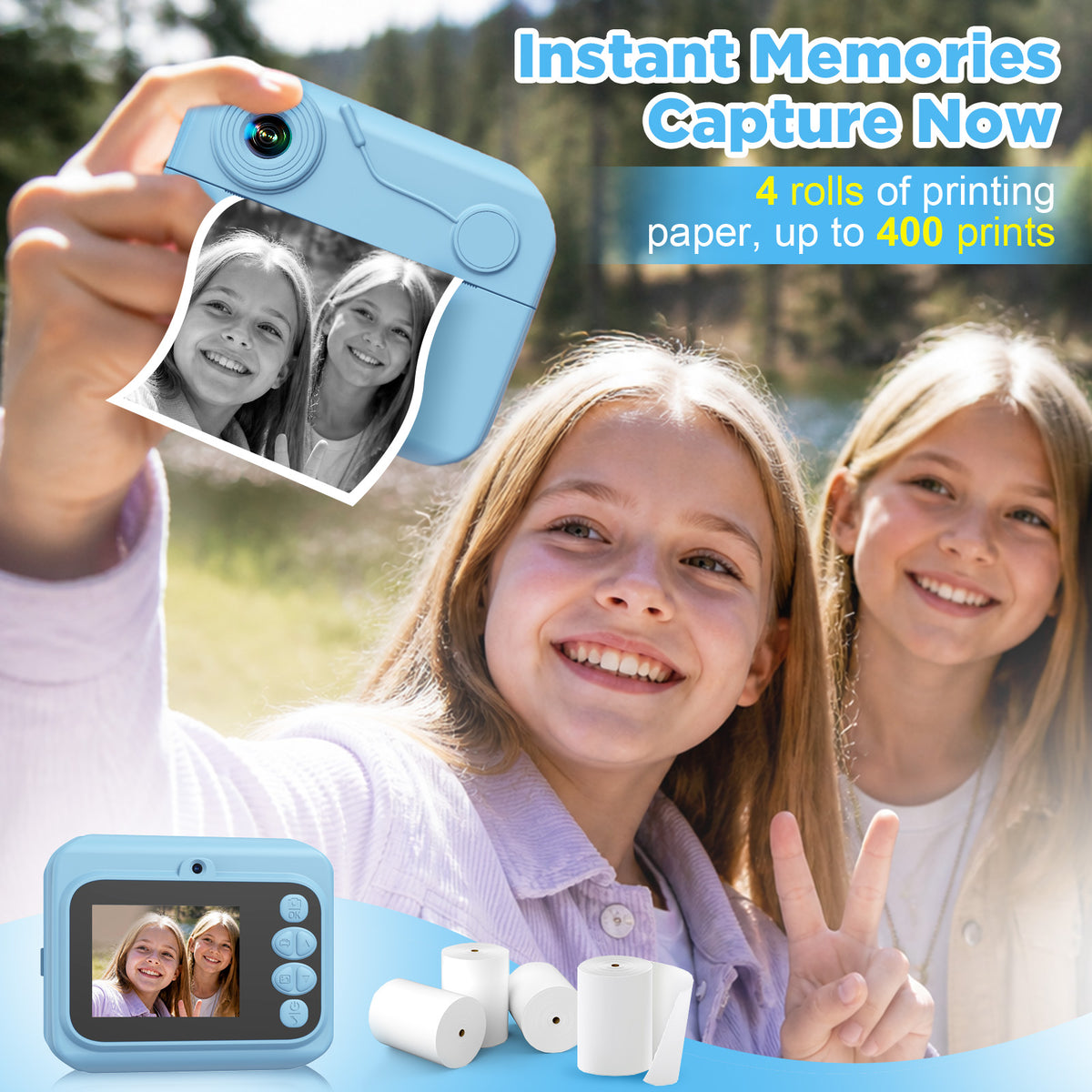USCAMEL Kids Camera Instant Print, Mobile Compatible 2.4in Digital Camera with Print Paper, Photo Video, Selfie Dual Camera Portable Travel Camera Toys for Boys & Girls Gift