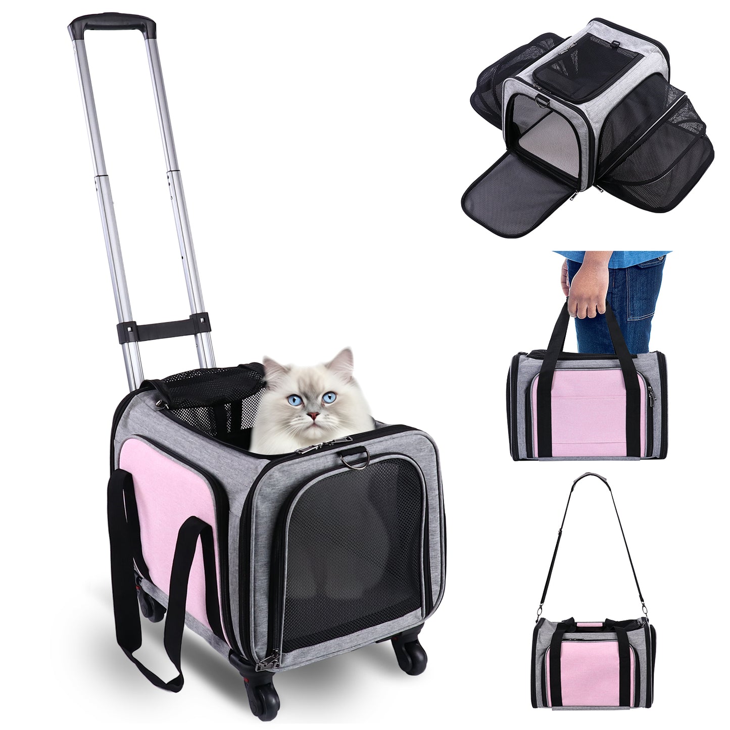 Rolling Pet Carrier with Wheels, Foldable Airline Approved Dog Carriers for Small Dogs and Cats, Cat Carrier on Wheels, Pet Travel Carrier for Flight Camping Outdoor