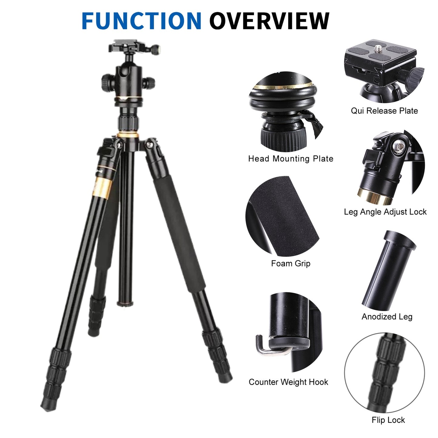 Tripods for Camera, Professional Video Tripod Adjustable 66.9" Monopod for Smartphone, Durable Video Travel Photography 360° Rotatable Aluminum