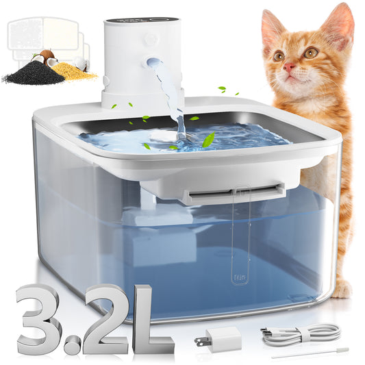 HUTACT Cats Water Fountain Wireless 3.2L Quiet Pet Water Fountain for Small Dog Cat, Stainless Tank 4000mAh 3 Modes Water Bowl, with 3 Filters Adapter, Detachable Motor