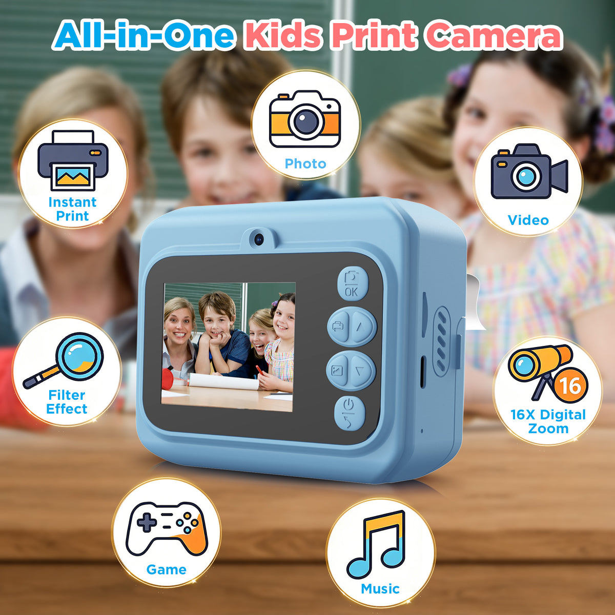 USCAMEL Kids Camera Instant Print, Mobile Compatible 2.4in Digital Camera with Print Paper, Photo Video, Selfie Dual Camera Portable Travel Camera Toys for Boys & Girls Gift