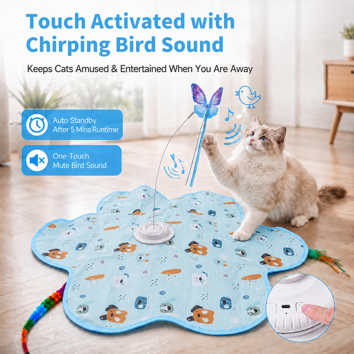 HUTACT Interactive Cat Hunting Toy, 3 Speeds Automatic Cat Toy, 1200mAh Rechargeable Hide and Seek Cat Toy 3 Modes Touch Activated Exercise Toy for Indoor Cats Electric Kitten Toys