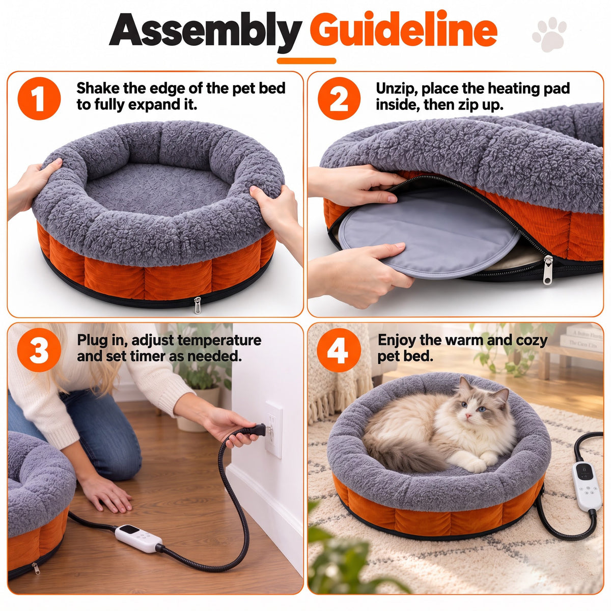 HUTACT Cat Heated Bed, 19.7" Winter Pet Bed with 9-Level Adjustable Temperature Electric Heating Pad for Indoor Cats and Small Dogs