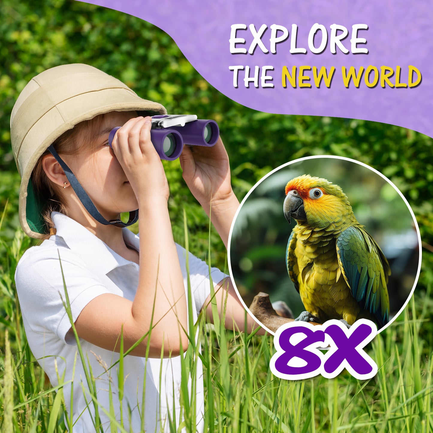 USCAMEL Kids Binoculars, 8x21 Binoculars for Children w/Neck Strap Storage Bag, Gift Binoculars for Outdoor Camping Bird Watching, Purple