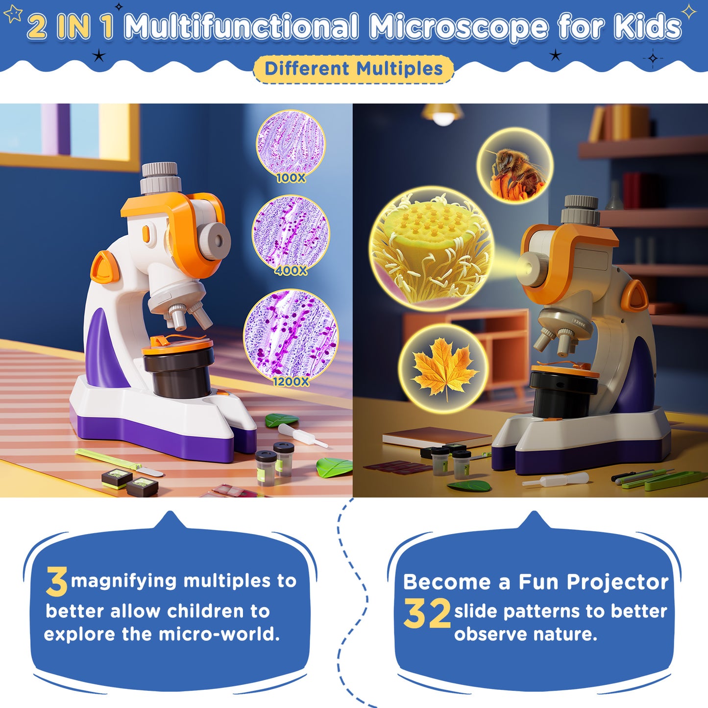 Microscope for Kids, 1200x Microscope Kit for Kids 5-7 8-12, Kids Science Microscope w/Slides, Tweezers Set