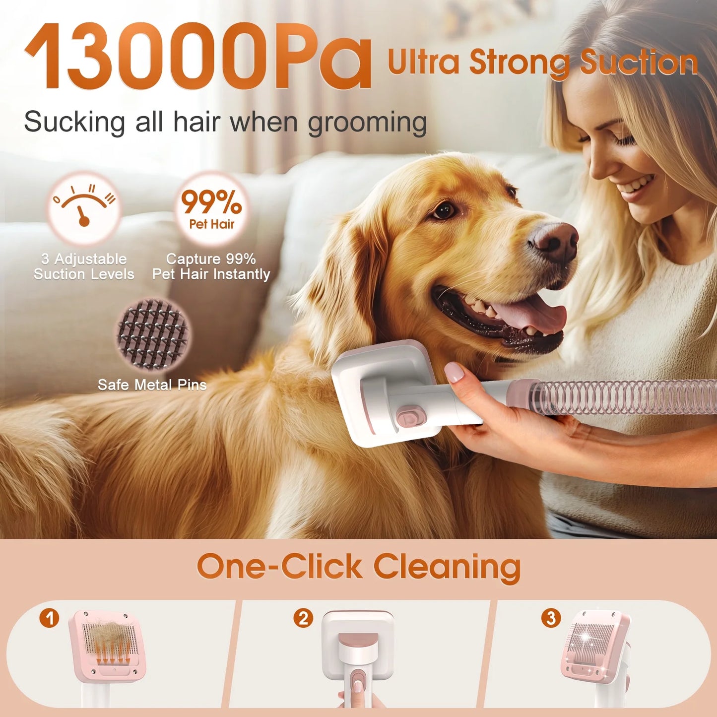 6-in-1 Dog Grooming Vacuum, 3.2L Dust Cup Pet Grooming Kit, 13000Pa Suction, Low Noise Dog Cat Hair Remover