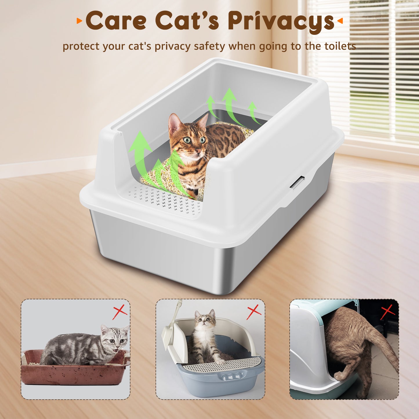 HUTACT Large Cat Litter Box with Litter Mat, Stainless Steel XL Litter Box for Large Cats, High-Sided Metal Litter Pan Tray with Scoop Non-Stick, Leak-Proof, Easy to Clean 23.6"