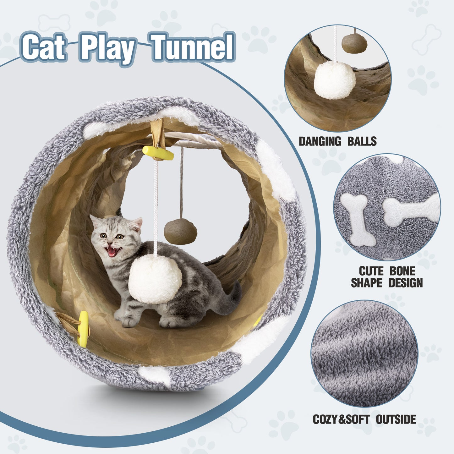 USCAMEL 46" Cat Tunnel with Plush, Collapsible Play Tunnel Tube with Dangling Balls for Kittens, Rabbits and Puppy Small Pets, Gray