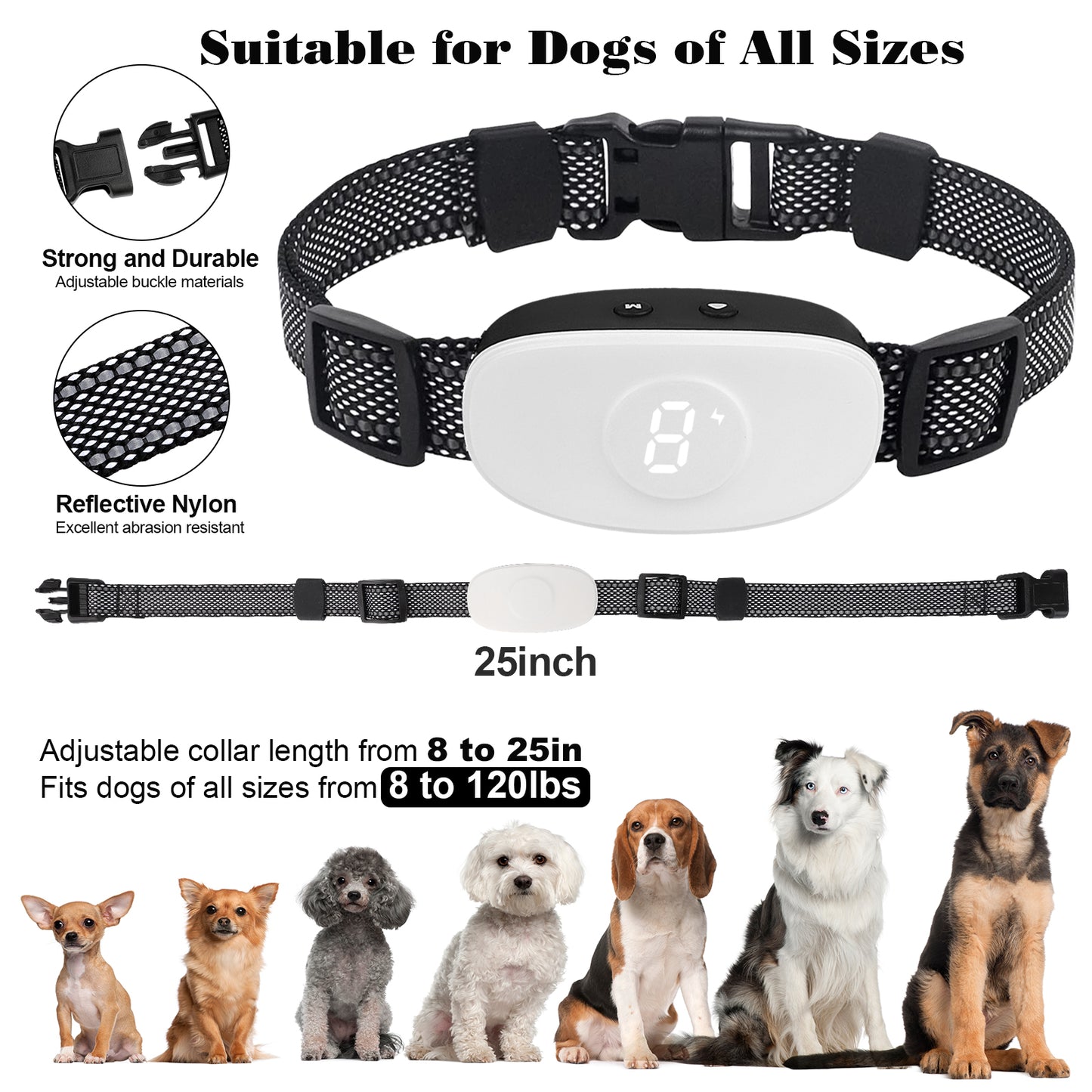 Bark Collar for Dogs, 3 Modes Beep Vibrate Shock, Dog Shock Collar for Small Medium Large Dogs, Bark Collar for Dogs in Humane Effective Training Methods (White)