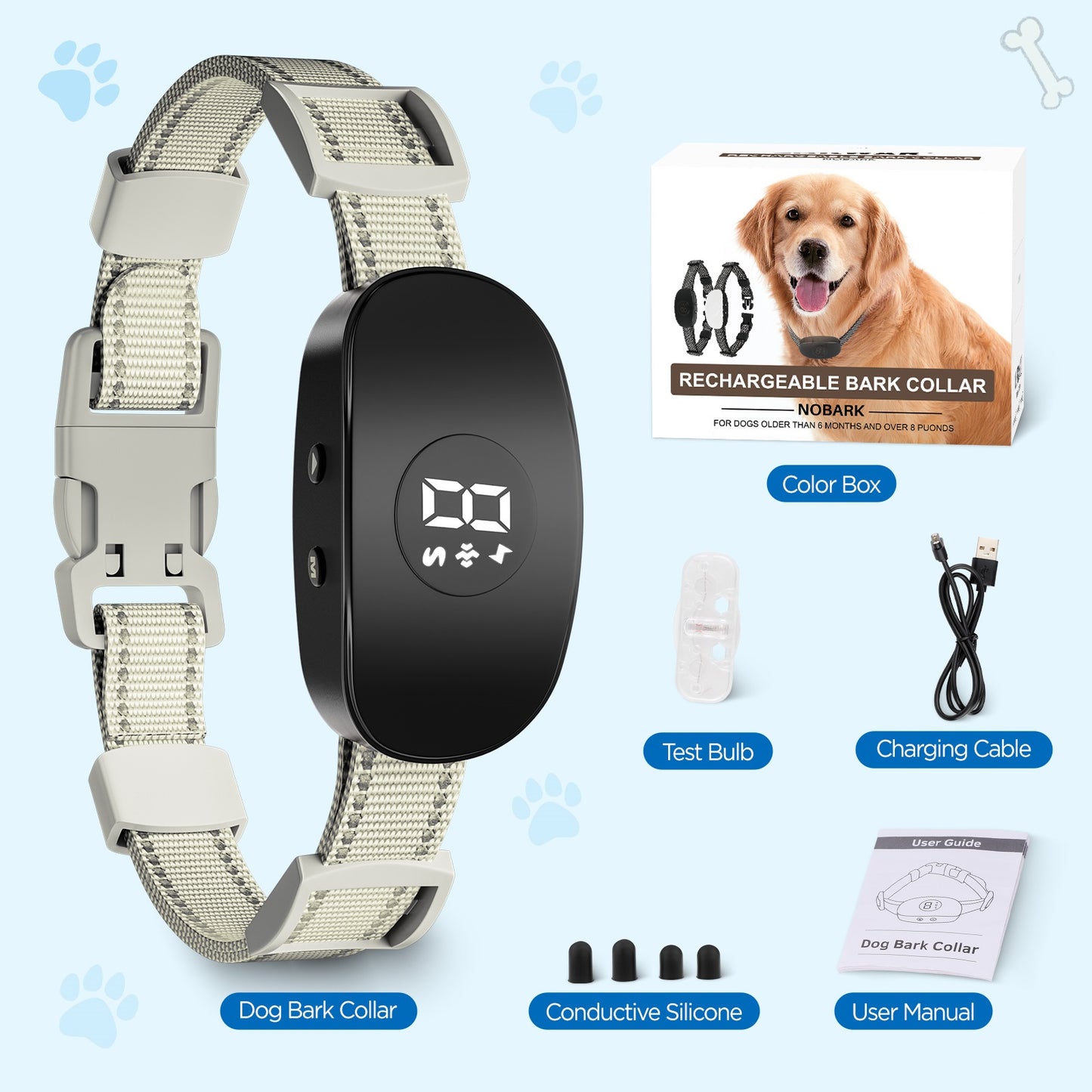 Automatic Intelligent Anti-Barking Collar, with 8 Levels of Sensitivity and Intensity, Suitable for Large, Small and Medium-Sized Dogs Professional Pet Training