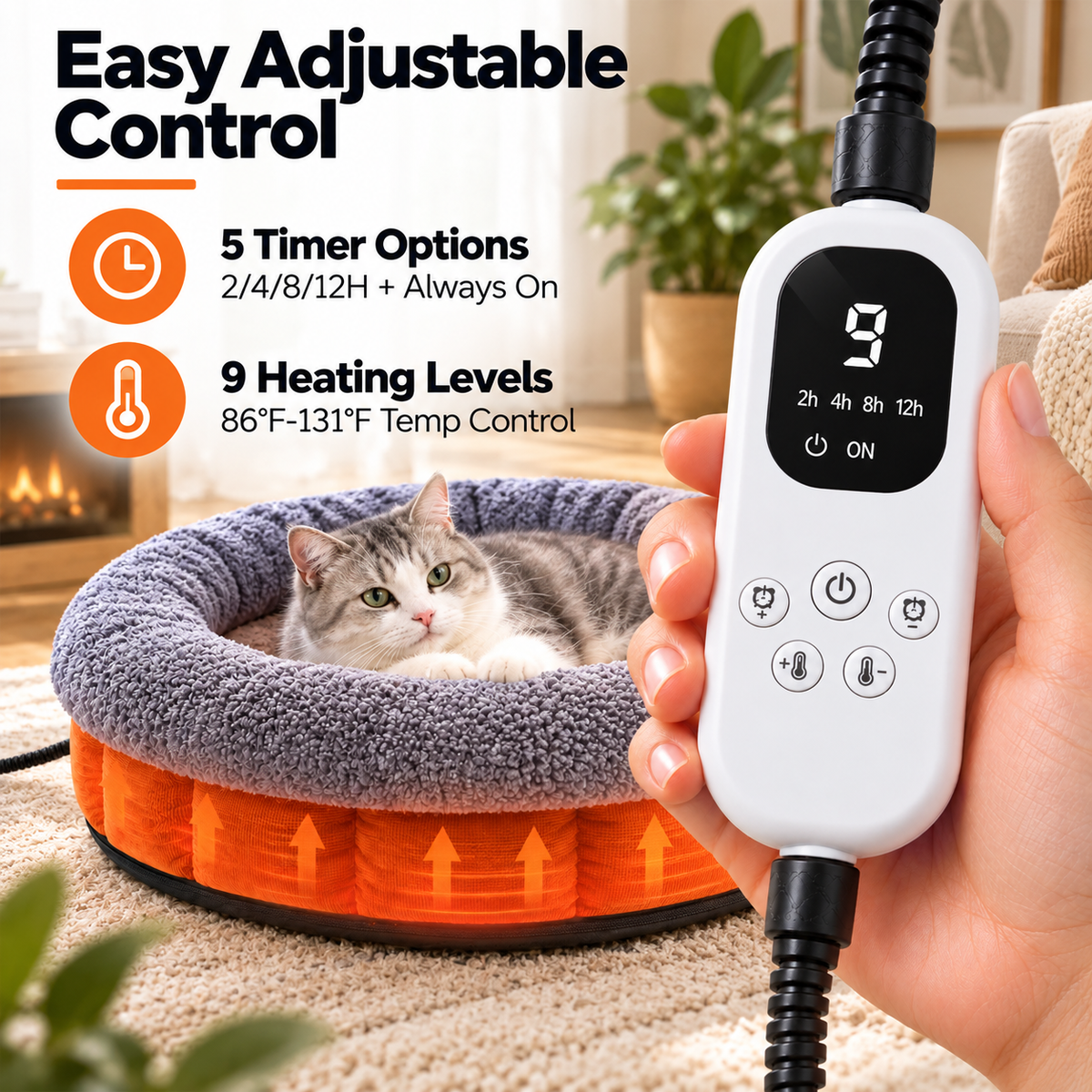 HUTACT Cat Heated Bed, 19.7" Winter Pet Bed with 9-Level Adjustable Temperature Electric Heating Pad for Indoor Cats and Small Dogs