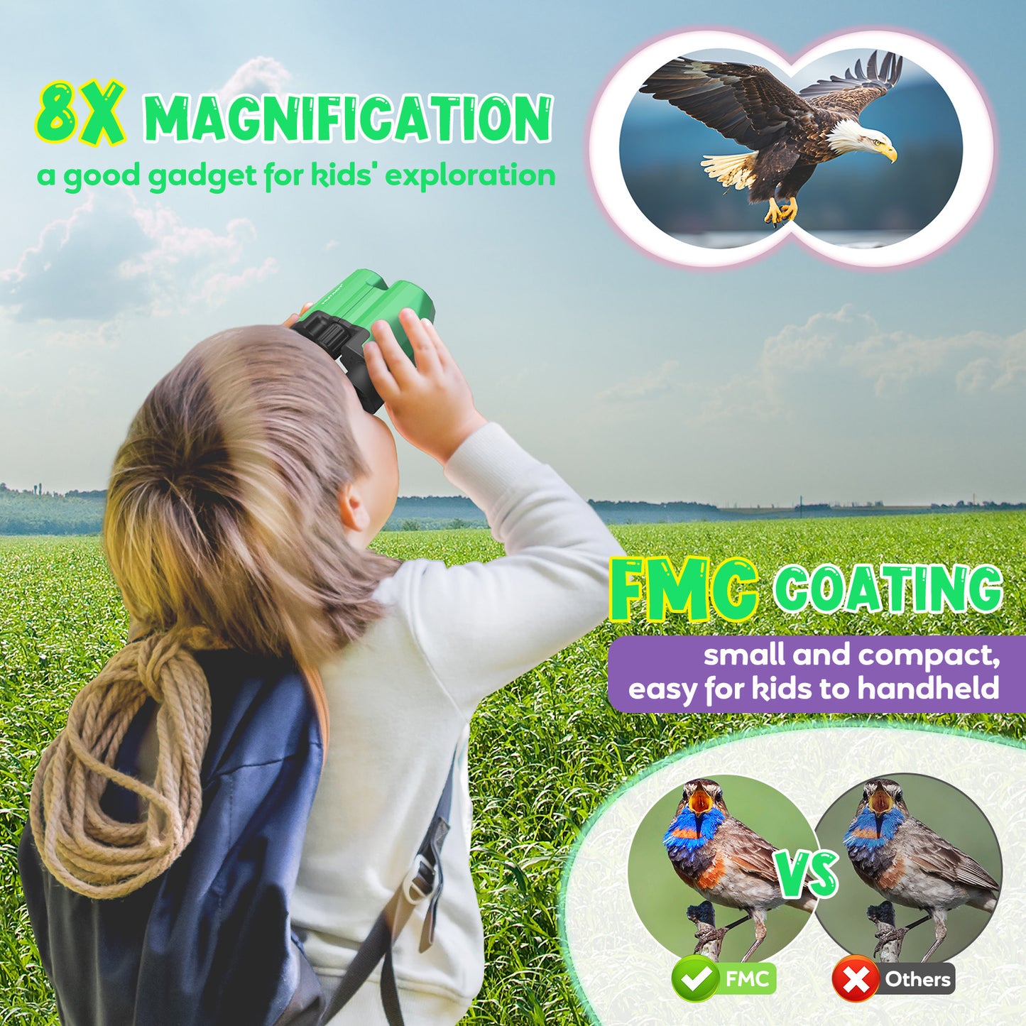 HUTACT Kids Binoculars, 8x21 Binoculars for Adults Child Beginner, FMC Porro Small Pocket Binoculars for Outdoors Bird Watching Sports Event Concert Camping