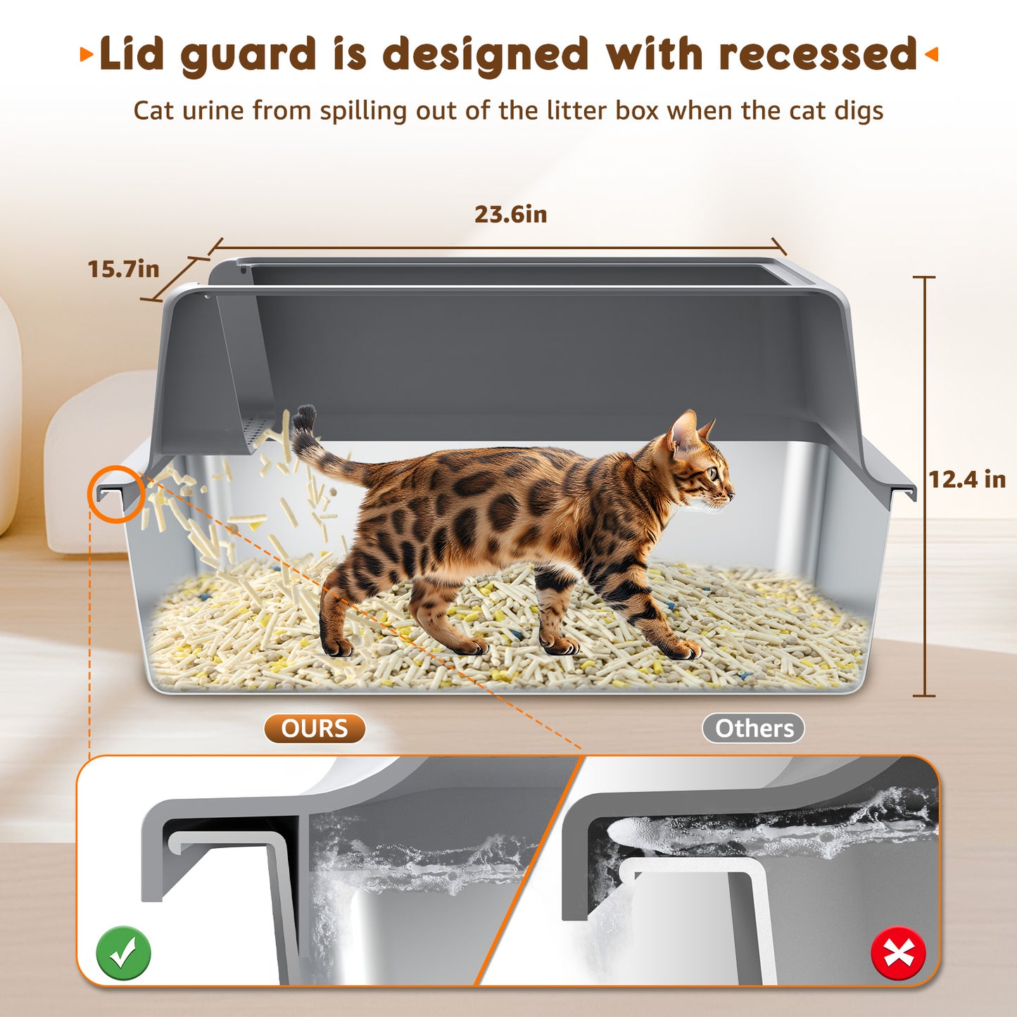 HUTACT Large Cat Litter Box with Litter Mat, Stainless Steel XL Litter Box for Large Cats, High-Sided Metal Litter Pan Tray with Scoop Non-Stick, Leak-Proof, Easy to Clean 23.6"