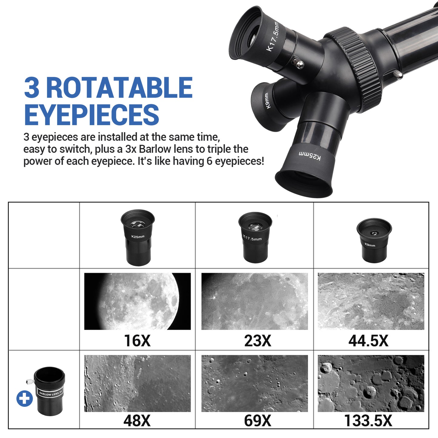 Telescope for Adults Astronomy, 80mm Aperture Astronomical Telescope, 3 Rotatable Eyepieces Refractor Telescope with Tripod