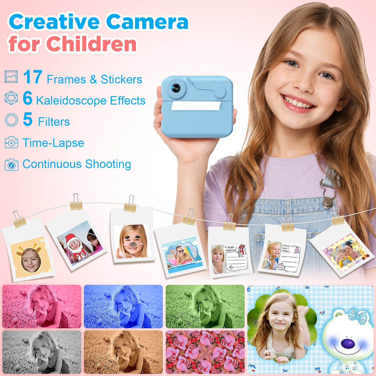 USCAMEL Kids Camera Instant Print, Mobile Compatible 2.4in Digital Camera with Print Paper, Photo Video, Selfie Dual Camera Portable Travel Camera Toys for Boys & Girls Gift