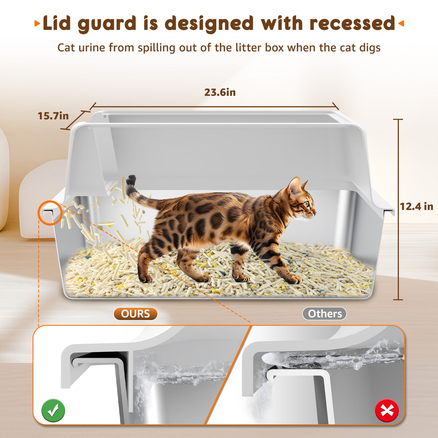 HUTACT Large Cat Litter Box with Litter Mat, Stainless Steel XL Litter Box for Large Cats, High-Sided Metal Litter Pan Tray with Scoop Non-Stick, Leak-Proof, Easy to Clean 23.6"