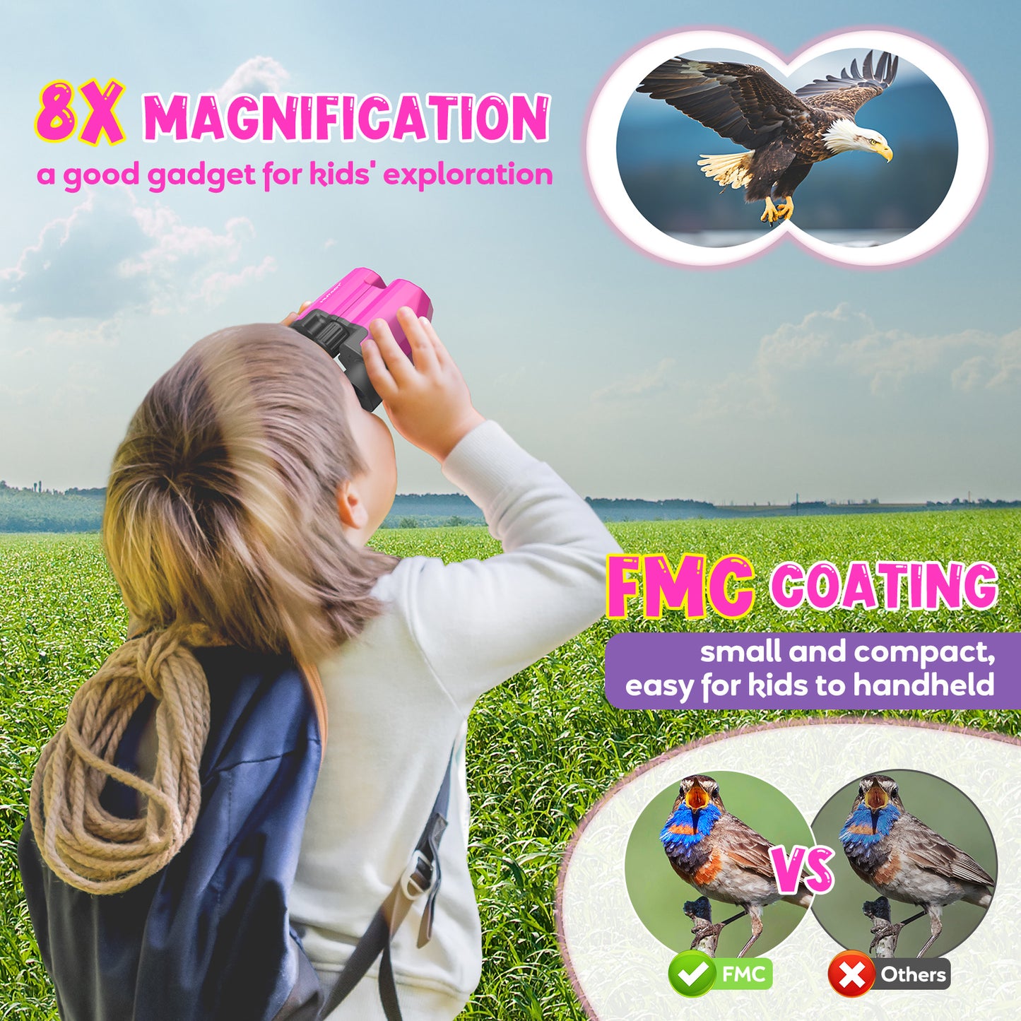 HUTACT Kids Binoculars, 8x21 Binoculars for Adults Child Beginner, FMC Porro Small Pocket Binoculars for Outdoors Bird Watching Sports Event Concert Camping