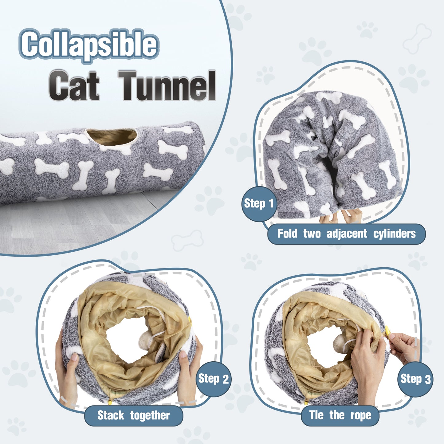 USCAMEL 46" Cat Tunnel with Plush, Collapsible Play Tunnel Tube with Dangling Balls for Kittens, Rabbits and Puppy Small Pets, Gray