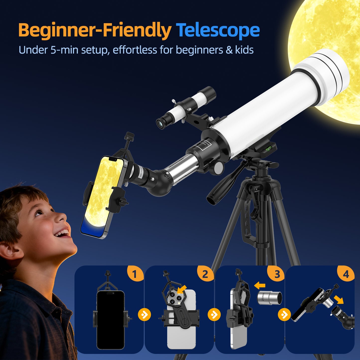 USCAMEL Telescope for Adults Kids, 500mm Beginners Telescope 70mm Aperture, Refractor Telescope w/2 Eyepieces, 150X Telescope for Astronomy & Sight seeing