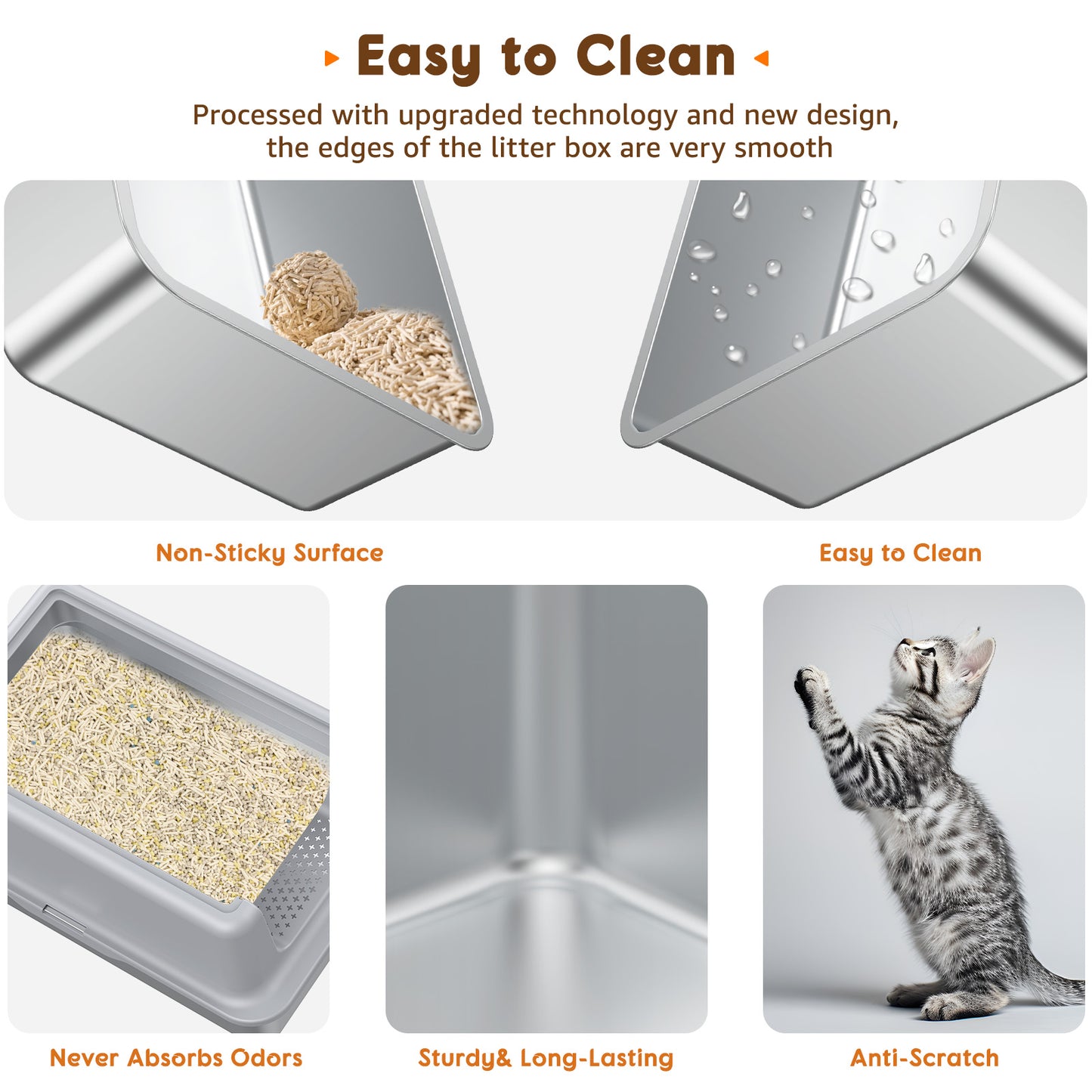 HUTACT Large Cat Litter Box with Litter Mat, Stainless Steel XL Litter Box for Large Cats, High-Sided Metal Litter Pan Tray with Scoop Non-Stick, Leak-Proof, Easy to Clean 23.6"