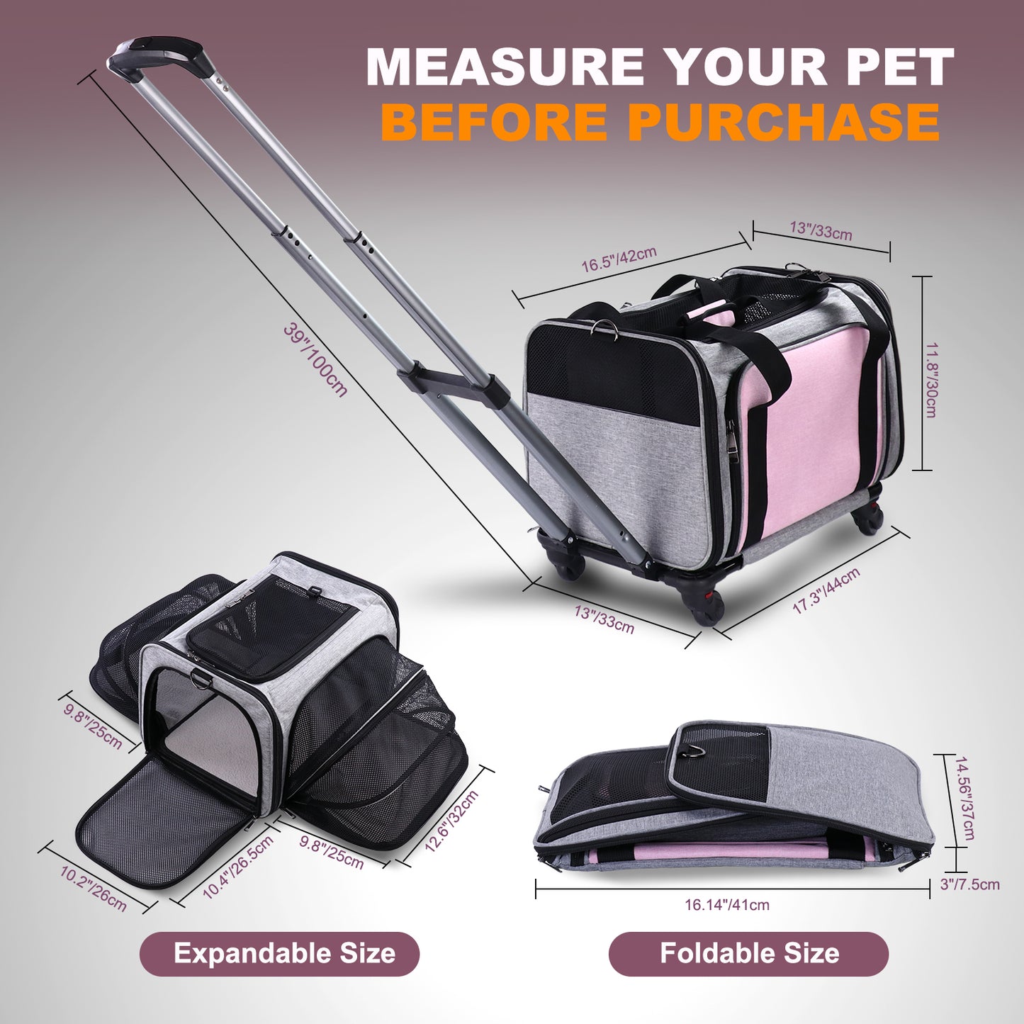 Rolling Pet Carrier with Wheels, Foldable Airline Approved Dog Carriers for Small Dogs and Cats, Cat Carrier on Wheels, Pet Travel Carrier for Flight Camping Outdoor