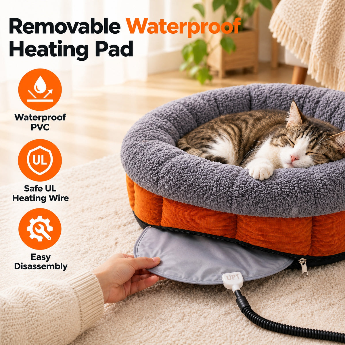 HUTACT Cat Heated Bed, 19.7" Winter Pet Bed with 9-Level Adjustable Temperature Electric Heating Pad for Indoor Cats and Small Dogs