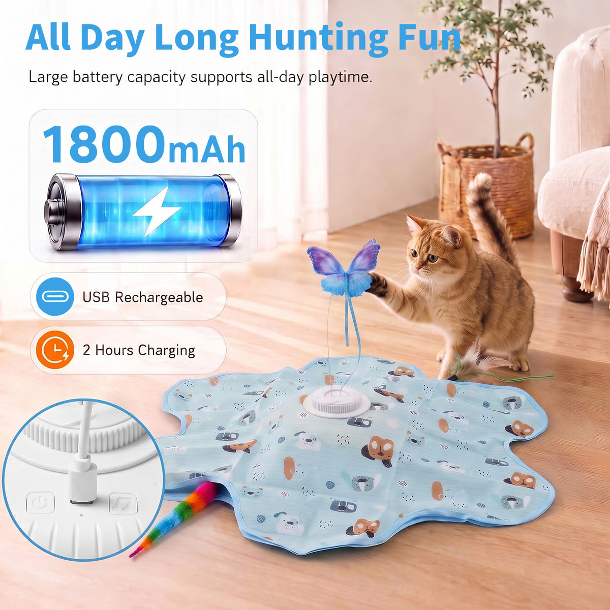 HUTACT Interactive Cat Hunting Toy, 3 Speeds Automatic Cat Toy, 1200mAh Rechargeable Hide and Seek Cat Toy 3 Modes Touch Activated Exercise Toy for Indoor Cats Electric Kitten Toys