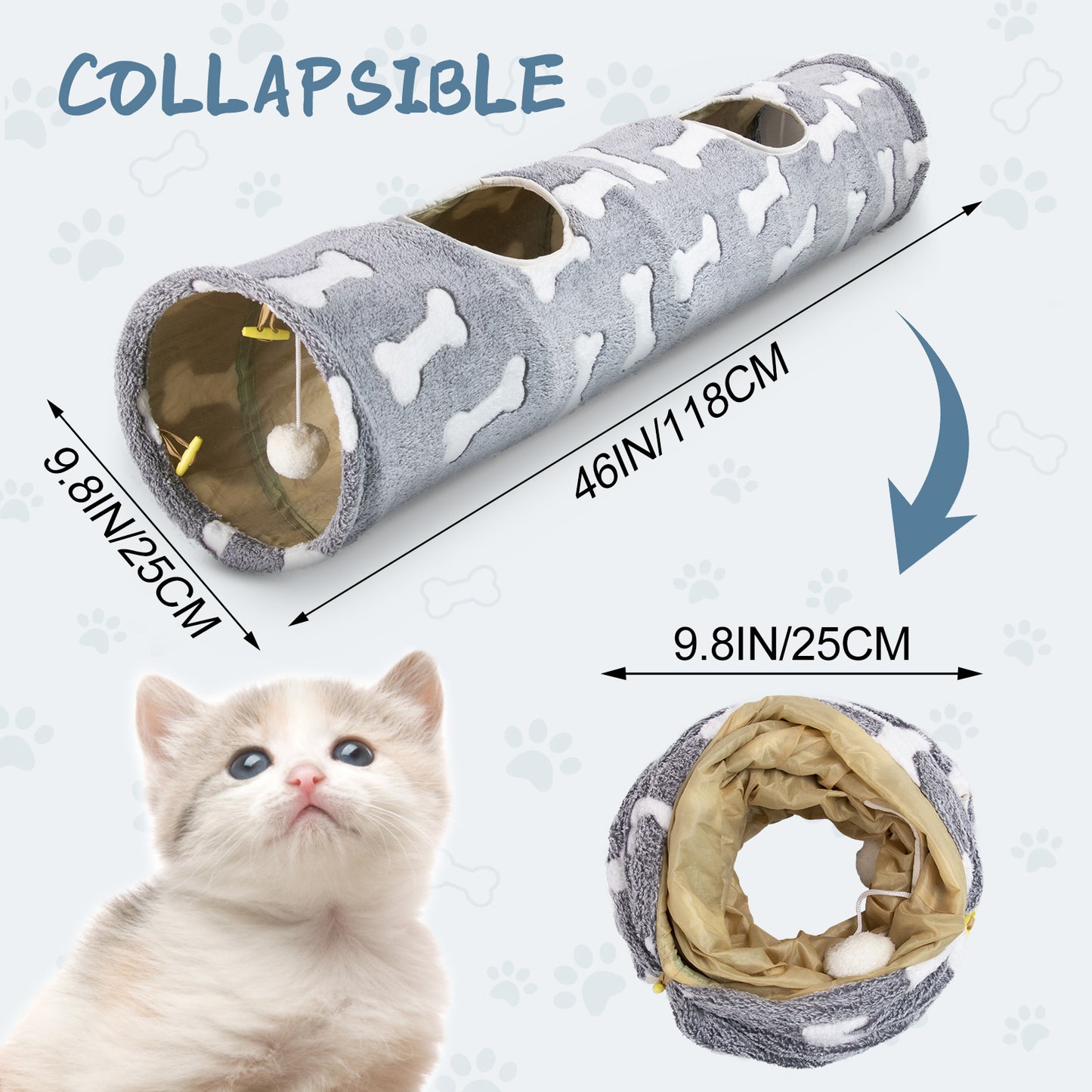 USCAMEL 46" Cat Tunnel with Plush, Collapsible Play Tunnel Tube with Dangling Balls for Kittens, Rabbits and Puppy Small Pets, Gray