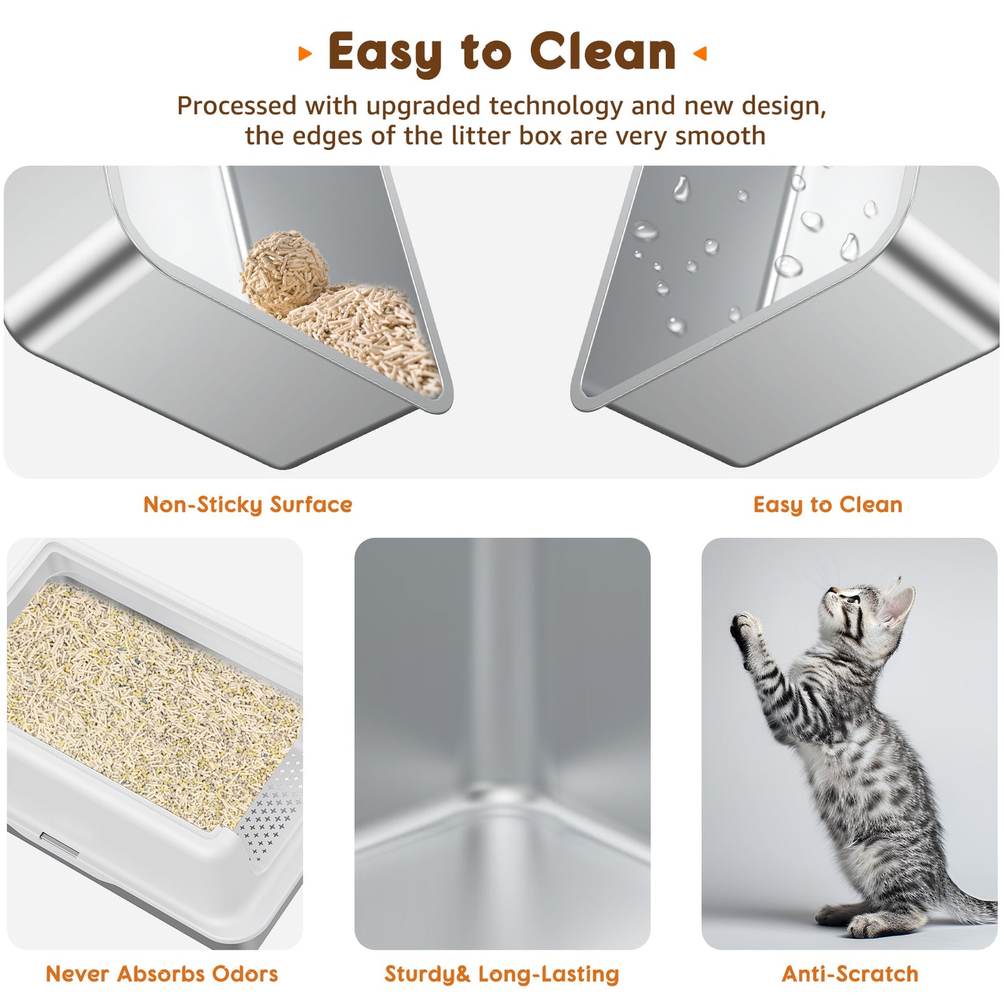 HUTACT Large Cat Litter Box with Litter Mat, Stainless Steel XL Litter Box for Large Cats, High-Sided Metal Litter Pan Tray with Scoop Non-Stick, Leak-Proof, Easy to Clean 23.6"