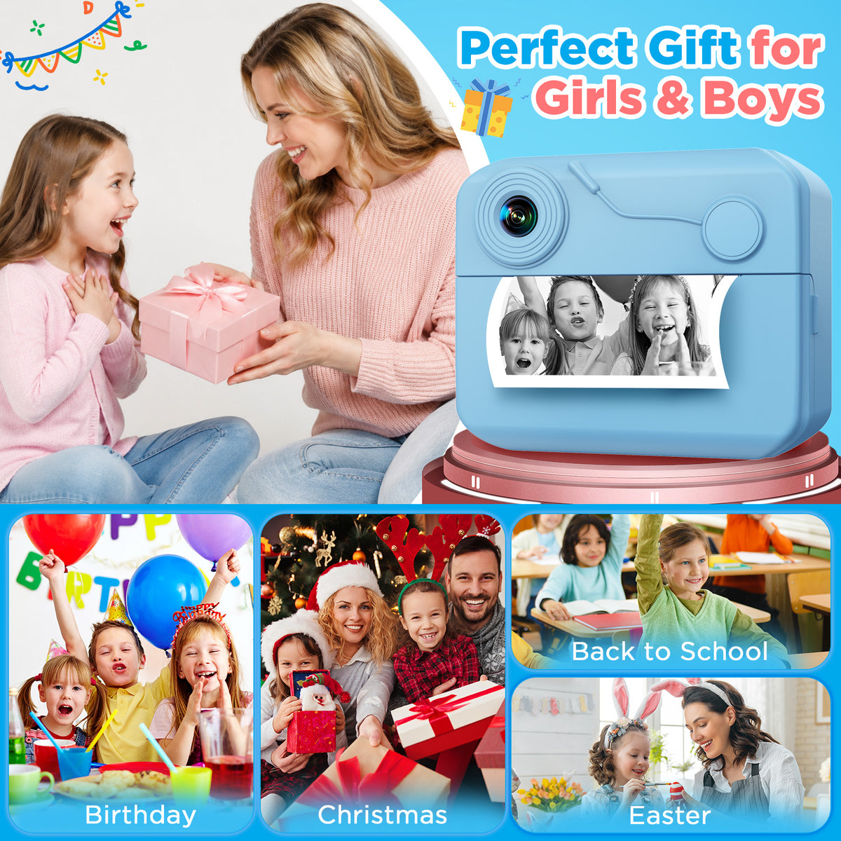 USCAMEL Kids Camera Instant Print, Mobile Compatible 2.4in Digital Camera with Print Paper, Photo Video, Selfie Dual Camera Portable Travel Camera Toys for Boys & Girls Gift